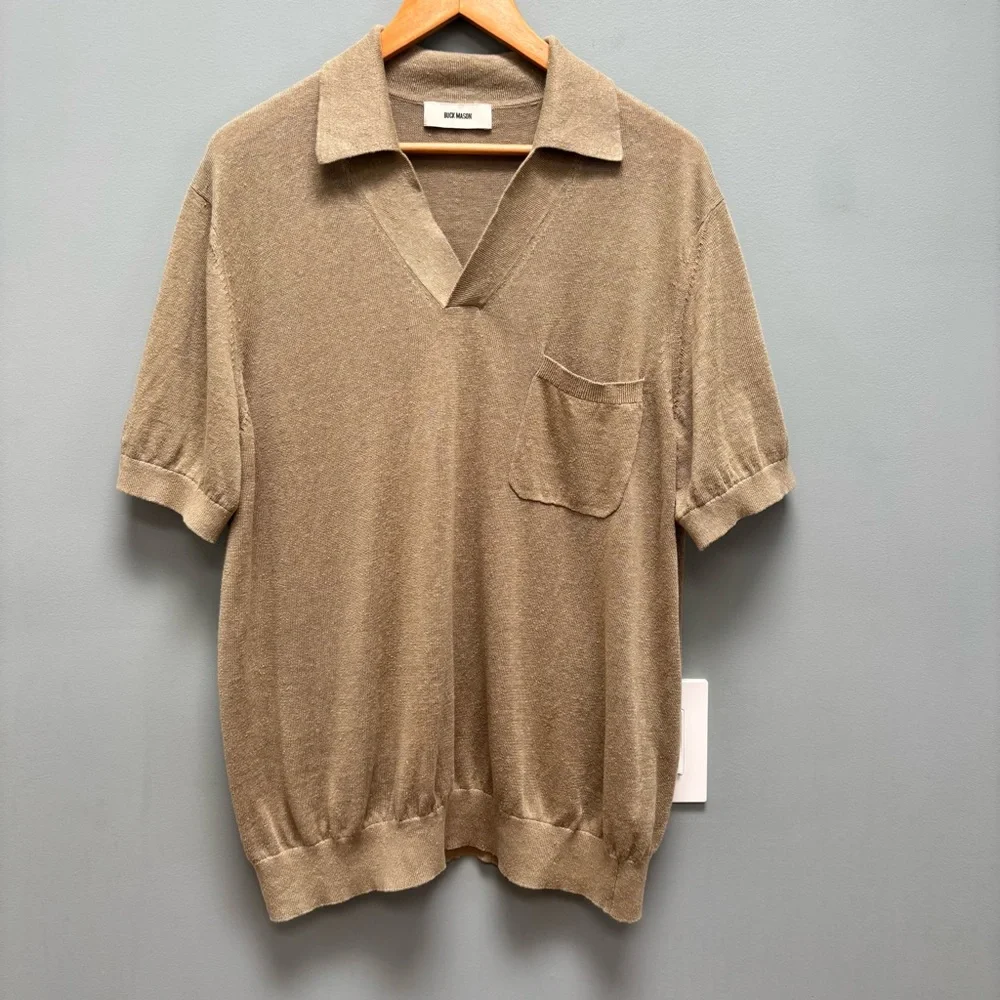 SOLD! Buck Mason Italian Slub Linen Knit Patch Pocket Polo Short Sleeves L - Picture 3 of 9